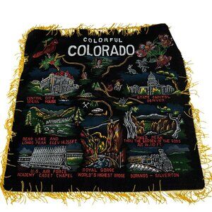 Vintage Colorful Colorado Souvenir Pillow Cover Velvet Fringed Landmarks 24”